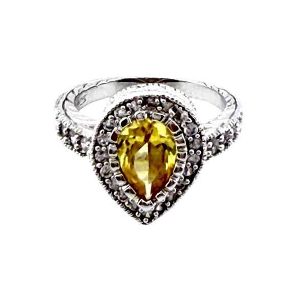 Sterling Silver Lemon Yellow Crystal Ring • Size 6.5 • Teardrop Halo • 925 - Picture 5 of 10